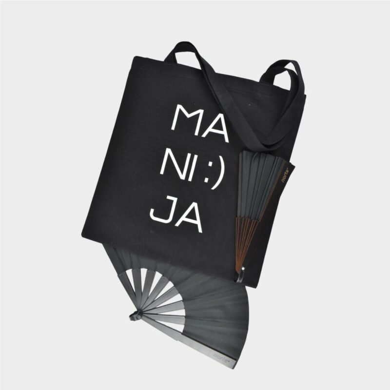 Combo 1 Tote Gabardina Manija + 1 Ecofan Standard Black + 1 Abanico Black Pocket